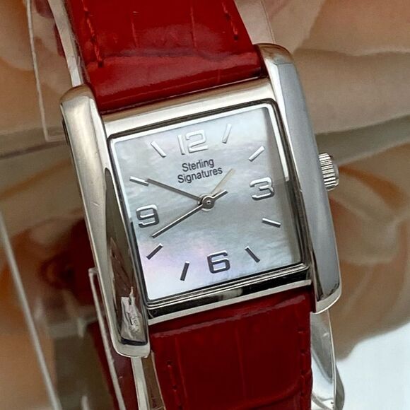 Sterling Signatures 925 Silver Tank Style Watch Mother of Pearl Dial Red Leather - Picture 4 of 16